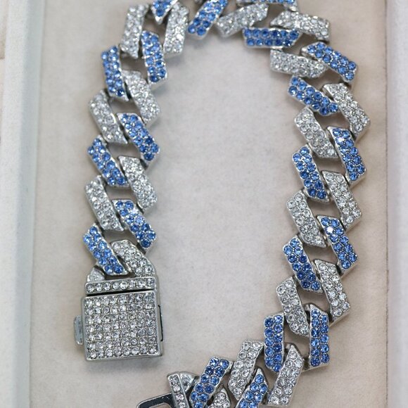 14mm 8inches Cuban Ice Point Curb Diamond Chain Blue/Silver with Rhinestone - Picture 4 of 4